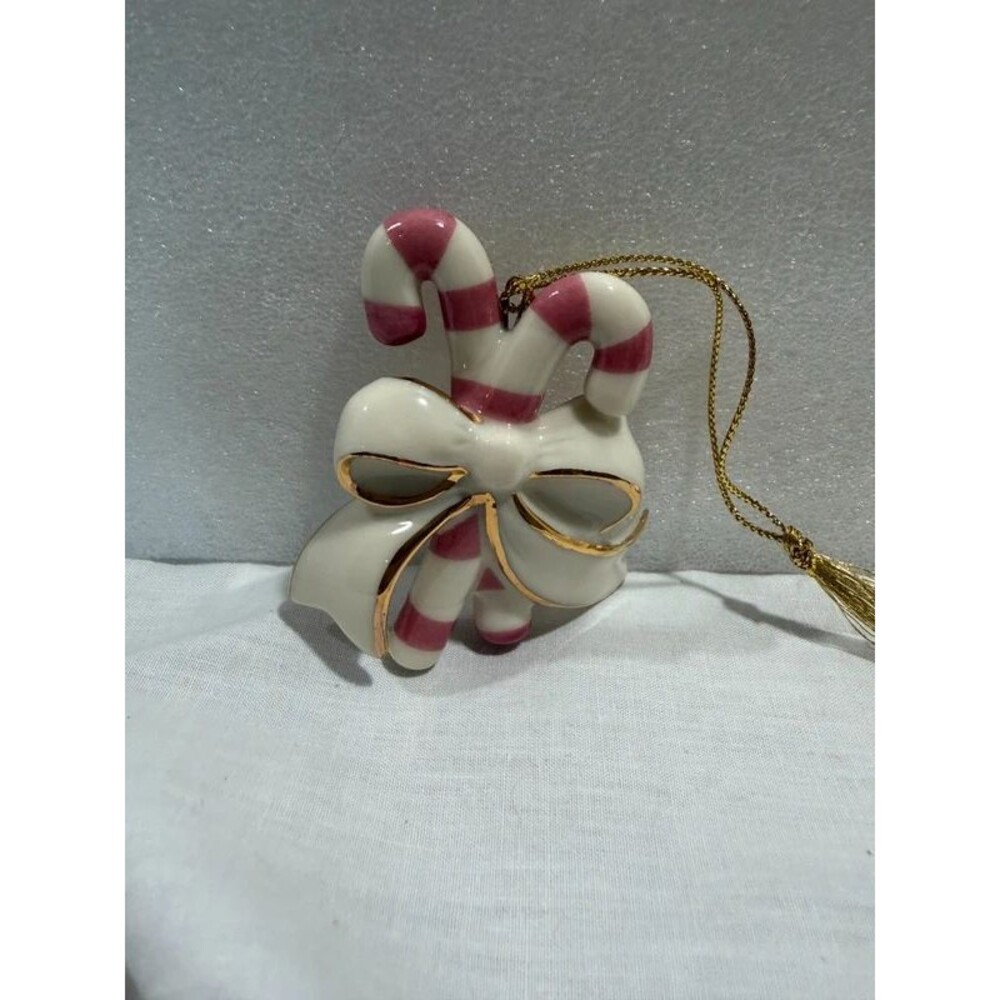Lenox Porcelain Pink Striped Candy Canes Christmas Ornament Gold Trim